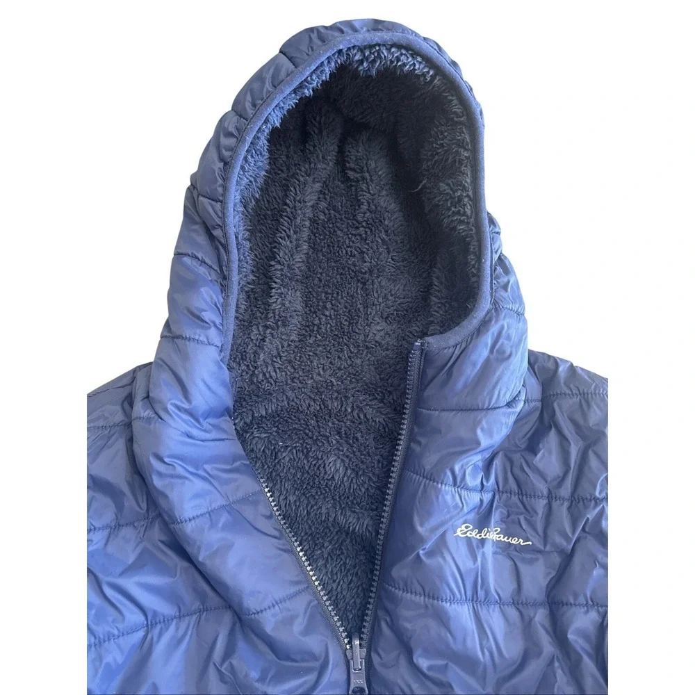 Eddie Bauer Reversible Hooded Puffer Fleece Jacket Youth Boys M (10/12) Blue EUC